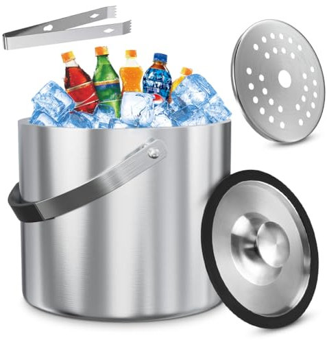 Contenitore per cubetti di ghiaccio in acciaio inox, 2 l, con coperchio, colino e pinza per ghiaccio, secchio per ghiaccio a doppia parete, per vino, spumante e birra, secchio per ghiaccio isolato