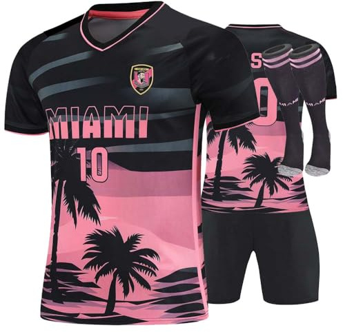 Boys' Soccer Jerseys Kids Shirt Youth Training clothes with Socks Gift Kit Set (black/pink, 8-9years)