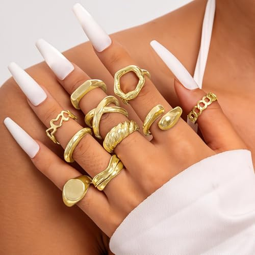 JYNVO 10 Stück Gold Ringe für Damen Chunky Rings Klobige ringe Knuckle Ringe Offene Verstellbarer Stapelbarer Ring Set für Frauen