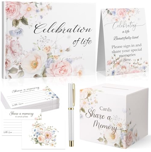 Epakh 64 Pcs Guest Book Set for Funeral, Celebration of Life Memorial Guestbook with 60 Share a Memory Cards, Card Box, Table Sign & Pen, in Loving Memory Registry for Memorial Services(Blossom)