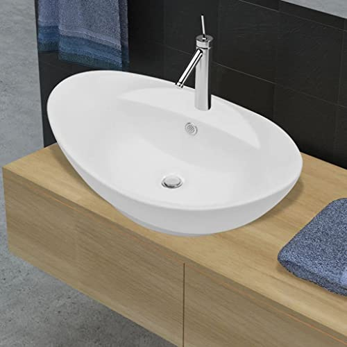 Vasque Ovale with Céramique, Design Moderne, Vasque à Poser Salle de Bain, Lavabo Salle de Bain, Meuble Vasque Salle de Bain, Blanc, 585 x 390 x 210 mm