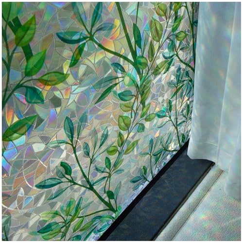 Qenlup Leaf Stained Glass Window Film Privacy Self Adhesive Decorative Rainbow Effect Static Cling Anti Glare Door Covering, Green, 44.5x200cm