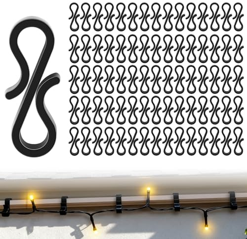 XDGBGFN 120 Pcs Mini Plastic Gutter Hooks, Gutter Hook for Outdoor Lights,Black Plastic S Clip Light Hook Clips for Hanging Christmas String Lights, Outside Garden String Lights (Hooks)