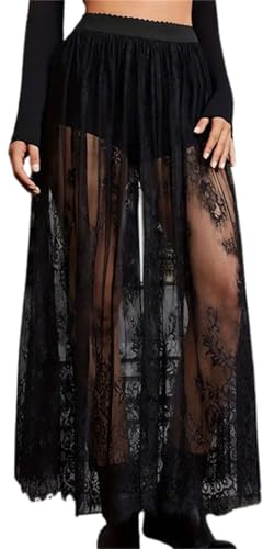 Nsywmzy Womens Lace Maxi Skirt Sexy See Through High Waist Sheer Mesh Bodycon Skirts Y2K Vacation Festival Outfits (Black, S)