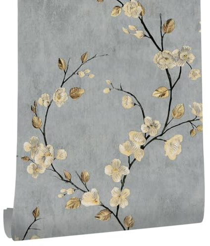 ICYEHAO Väggkläde med blommor, grå, 44,5 x 500 cm, självhäftande vinyl för möbler, beige blommor, löv, växter, bohemisk stil, självhäftande vinyl för möbler, garderober, bokhyllor, vardagsrum, sovrum