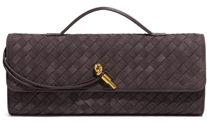 JYG Gewebte Handtasche für Damen, modische Abend-Umhängetasche, PU-Leder, handgefertigt, Clutch, Geldbörse, lässige Umhängetasche, 2024, Veloursleder, Dunkelbraun, L11.8 x H4.33 x W1.57 inches