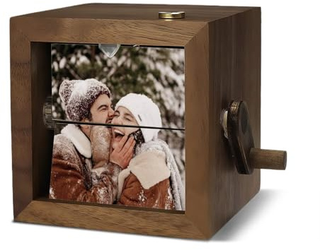 Individueller Fotorahmen mit LED-Licht, Holzhandkurbel, Flipbox, personalisiertes Bilderalbum, einzigartiges Andenken, Geschenk für Jahrestag, Hochzeit, Geburtstag, Valentinstag