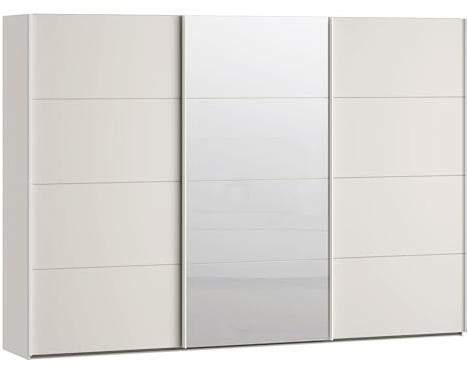 Forte SOPHISTISPACE Kleiderschrank 300, moderner Schwebetürenschrank, 3-türig, Einlegeböden, Kleiderstangen, Spiegel, Holzwerkstoff, Kaschmir|Beige, 299,8 cm breit x 210,5 cm hoch x 62,9 cm tief