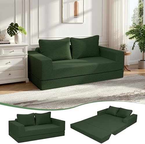 MeMoreCool Futon Sofa Cord, Ausziehbares Schlafsofa mit Kissen, Grün | Modulares Sofa ohne Gestell mit Schlaffunktion, Ideal zum Entspannen, Schlafen und für Gäste in Kleinen Räumen