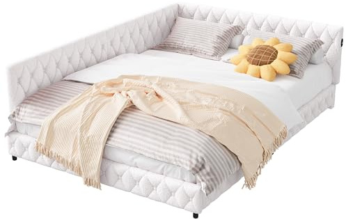 WSOFZMO Tagesbett 140x200 mit LED und USB, Polsterbett mit Lattenrost, Schlafsofa 140x200, Jugendbett Einzelbett, Teddy Velvet, Ohne Matratze (Beige)