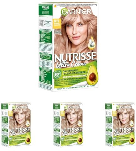 Garnier Nutrisse Dauerhafte Pflege-Haarfarbe mit nährenden Fruchtölen, Coloration mit 8 Wochen Halt, Ultra Crème Tönung, 8.11 Aschiges Hellblond (Packung mit 4)