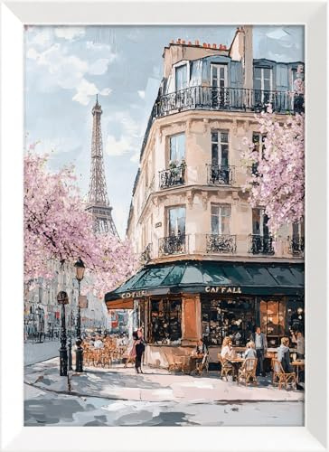 STYLER Wandbild Corner Café 50 x 70 cm – Pariser Straßencafé mit Eiffelturm – Gerahmtes Bild in Blau Beige Rosa auf MDF