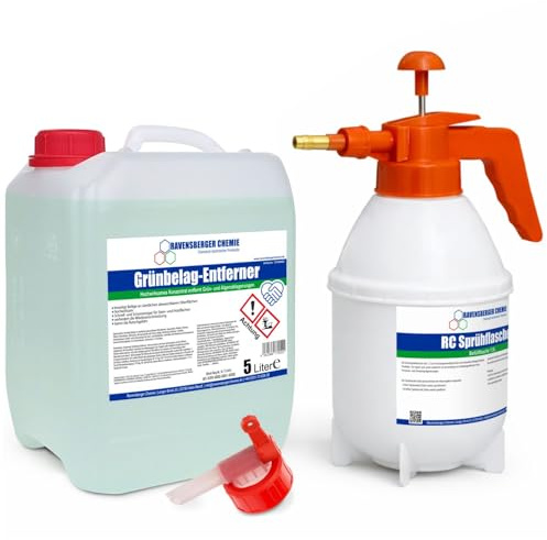 Ravensberger Chemie Grünbelagentferner Konzentrat Set – Biozid gegen Algen, Grünbelag & mikrobiellen Bewuchs – VOC-frei, kein Nachwaschen - 5 Liter inkl. Sprühflasche & Dosierhahn