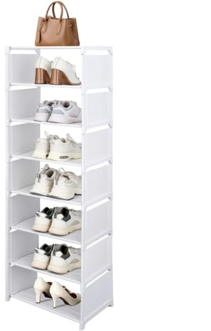 Gokemuak Schuhregal Schmal und hoch mit 8 Ebenens 42 Breite，Weiß | Platzsparendes Schuhaufbewahrung Stoff für 14 Paar Schuhe,,Shoe Rack Cabinet für High Heels, Sportschuhe