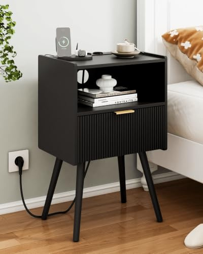 Nachttisch, Moderner Betttische mit Aufbewahrungsschublade und offener Holzablage, für Wohnzimmer, Schlafzimmer und kleine Räume, Akzent-Nachttisch mit Massivholzbeinen, einfache Montage (Schwarz)
