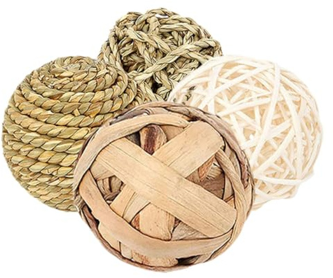 CRAFTHROU Juguetes de Esferas de Hierba para Hámster y Conejo, Paquete de 4 Piezas, Material de Paja Natural para Ejercicio Físico y Salud Dental en Interiores