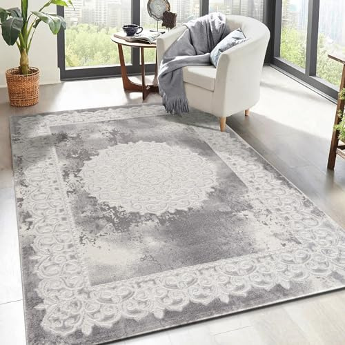 SANAT Teppiche für Wohnzimmer - Teppich Grau, Kurzflor Orientteppich, Öko-Tex 100 Zertifiziert, Größe: 120x160 cm