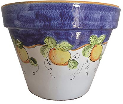 Generico Vaso Blu Limoni in Ceramica di Vietri con Sottovaso in Ceramica Bianca, Diametro 25 cm, Altezza 22 cm, Cachepot Fioriera per Interni ed Esterni
