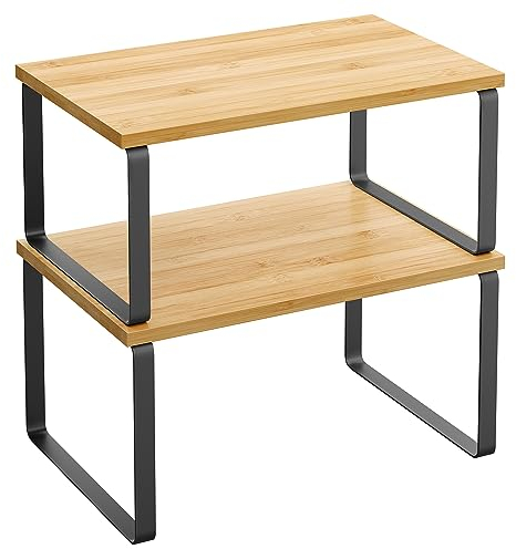 SONGMICS Étagère à Épices, Lot de 2, Organisateur de Placard, Étagère de Rangement de Cuisine Extensible, Porte-épices Empilable, Métal, Bois d’Ingénierie, Noir d'encre et Beige Naturel KCS02NB