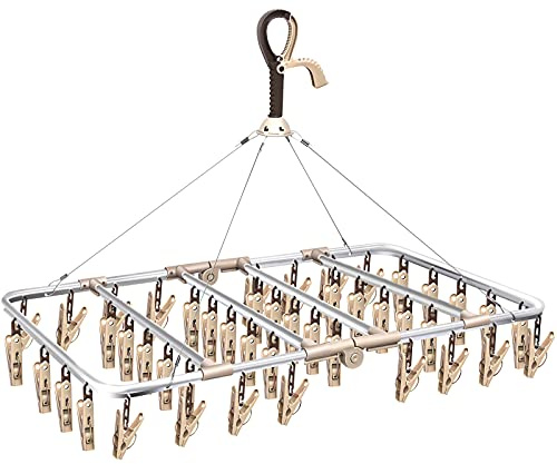 ANVINKU Sock Dryer, Aluminum 46 Pegs Sock Hanger for Washing Line | Folding Clothes Drying Rack with Windproof Hook, Hanging Clothes Airer for Socks, Underwear, Baby Clothes & Hats (White)