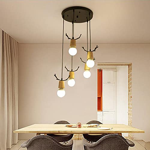 Kronleuchter Pendelleuchte Vintage Eiche Holz LED Jahrgang Esszimmer Esstisch Büro Küchen Bar Wohnzimmer Hängelampe Modern Kunst Decke Beleuchtung 5-flammig Retro E27 inkl. Glühbirne Ø35cm (Schwarz)