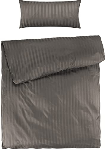 Pure Label Mako Satin Damast Streifen Bettwäsche Taupe 135 x 200 cm mit Kissenbezug 40 x 80 cm aus 100% Baumwolle | Traumhaft weiches Mako Satin Bettwäsche Set in Uni
