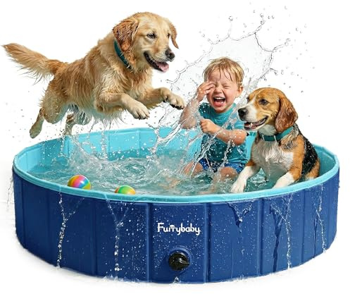 furrybaby Dog Paddling Pool for Large Dogs, Foldable Dog Pool for large dogs, Puppy Pool for Gardens with PVC, Non-Slip Base & Drain Plug, Navy Blue, 120 x 30 cm