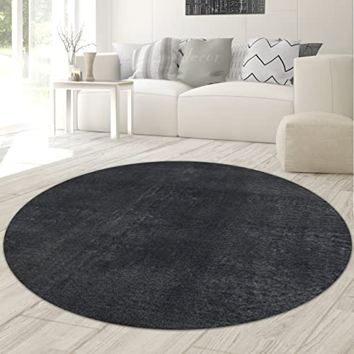 Teppich-Traum für Wohnzimmer Gästezimmer Schlafzimmer Flokati in anthrazit, 120 cm rund