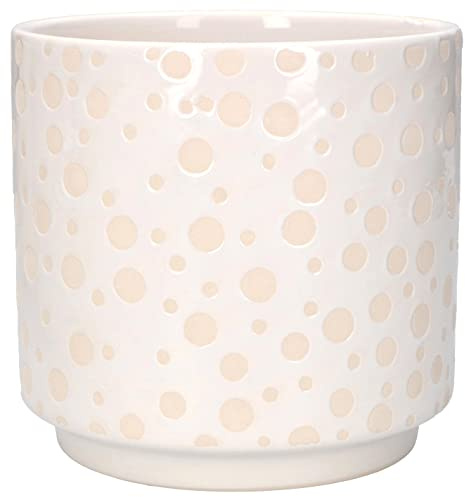 KOTARBAU® Maceta cilíndrica de cerámica esmaltada, Ø12 cm, Tiesto Decorativo para Flores y Plantas, Macetero Redondo para Interiores, Diseño Minimalista, Blanco, Acabado Brillante, Patrón Lunares