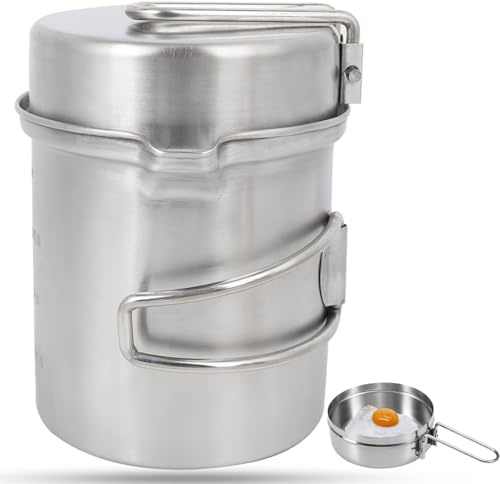 Outdoor Cookware Set, Stainless Steel Camping Pot Lightweight Camp Cookware with Detachable Self Locking Handle Backpacking Water Boiler Camping Mess Kit Pot for Picnic Backpacking