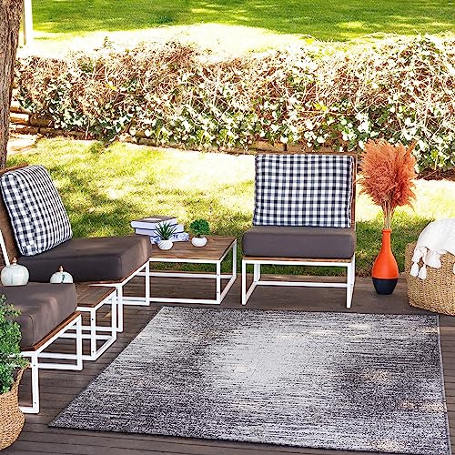 Livabliss Alfombra Exterior/Interior Terraza Geométrica Kemer - Alfombras de Exterior/Interior - Alfombra Boho Resistente a los Rayos UV y a Las Manchas - Alfombras Grande 160x213cm, Carbón y Marfil