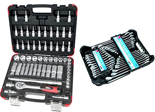 Hilka 02385802 58pce 3/8-inch Drive Socket Set & 16213203 AF/Metric Combination Spanner Set, Set of 32 Pieces