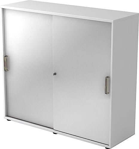 bümö Schiebetürenschrank 3OH - Aktenschrank abschließbar, Sideboard Schrank mit Schiebetüren in Weiß/Silber, Streifengriff - Büroschrank aus Holz mit Schiebetür, Büro Kommode für Ordner & Co.