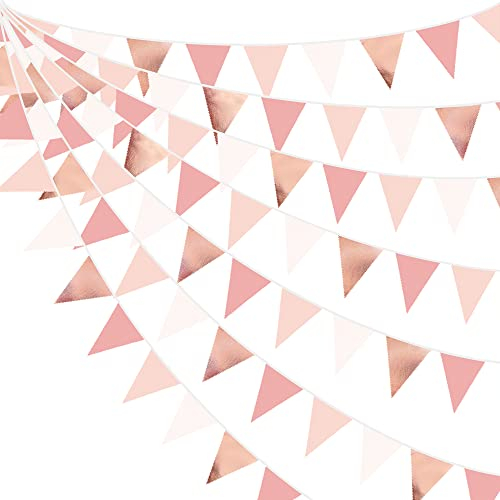 32Ft Dusty Blush Pink Rose Gold Bunting Banner Party Decorations Fabric Triangle Flag Pennant Garland Streamers for Birthday Wedding Baby Bridal Shower Anniversary Outdoor Garden Hanging Decoration