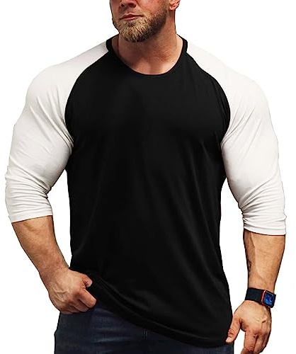 Mäns muskler raglan skär t-shirts med 3/4 ärm fitness träning t-shirt, T4303 svart-vit, L