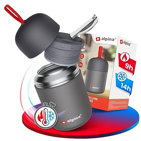 alpina Thermobehälter für Essen - SPÜLMASCHINENFESTER Thermo Becher ml mit Druckausgleich und faltbarem Löffel - Hält extra lange warm und kalt I Edelstahl Thermobecher BPA frei (730, Oval, 1, 20080)