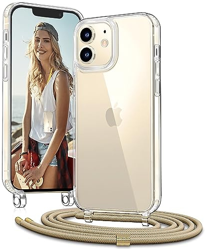 Vaykwo Handykette für iPhone 12 Mini Hülle mit Band, Golden | Necklace Handyhülle, Transparente Case zum Umhängen, Verstellbar und Abnehmbar