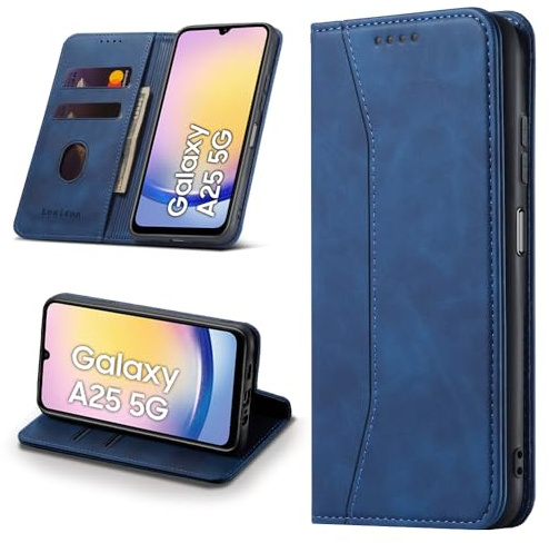 Leaisan Handyhülle für Samsung Galaxy A25 5G Hülle Premium Leder Flip Klappbare Stoßfeste Magnetische [Standfunktion] [Kartenfächern] Schutzhülle für Samsung A25 5G Tasche - Blau