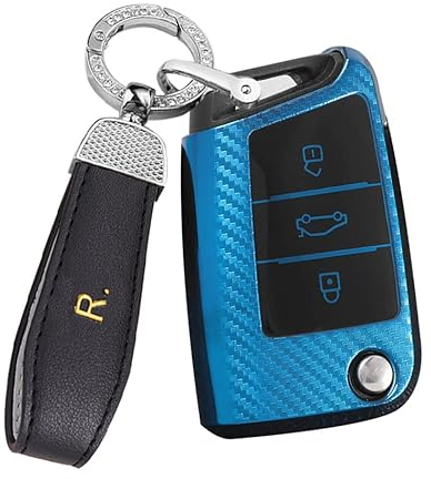 ontto Schlüsselhülle Autoschlüssel Hülle Schutzhülle Passt für VW Golf 7 Variant Polo Tiguan Seat Leon Cupra für Skoda Octavia Superb Fernbedienung TPU Schlüsselgehäuse Schlüsselanhänger 3 Taste-Blau