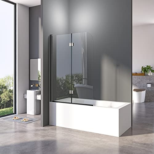 Duschwand für Badewanne 100 x 140 cm 2-teilig Faltbar Duschwand Schwarz Duschabtrennung Falttür Badewannenwand Trennwand mit 6mm Nano Glas