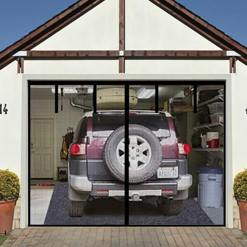 Magnetische Garagen-Fliegengittertür für 1 Auto-Garagentor, 2,3 x 2,4 m, verstärkte, selbstdichtende Fiberglas-Netztür mit 4 Umreifungsbändern, energie-Magneten, freihändiger Türschutz mit Verschluss