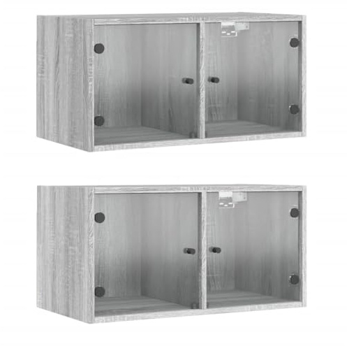 vidaXL Wandschrank mit Glastür 2 STK., Hängeschrank mit Stauraum, Wandregal für Wohnzimmer, Küchenschrank, Modern, Grau Sonoma Holzwerkstoff