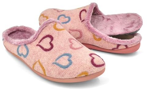 JOMIX Zapatillas Invierno Mujer con Plantilla Extraíble Interior de Peluche Suave Suela Antideslizante Ligera Corazones Estilo Mule para Sofá Dormitorio y Uso Diario MD2407 Rose 39