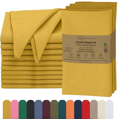 Ruvanti Stoffservietten, 45,7 x 45,7 cm, waschbar, weich und saugfähig, 100% Baumwolle, perfekt für Hochzeit, Weihnachten, Thanksgiving, Abendessen, Servietten, würziger Senf, 12 Stück