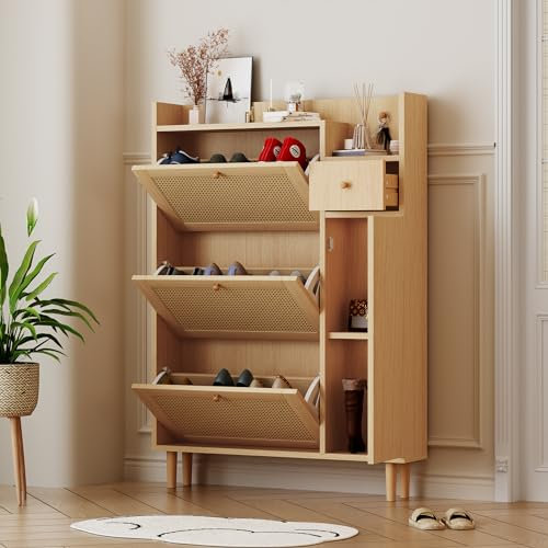 HAINEW Landhausstil Schuhschrank Schuhkipper mit 3 Rattan Klappen und 1 Schublade für 15-20 Paar Schuhe, Schuhregal Schuhaufbewahrung Schuhkommode mit 1Türen für Flur Wohnzimmer, 90×17×125cm (Natur)
