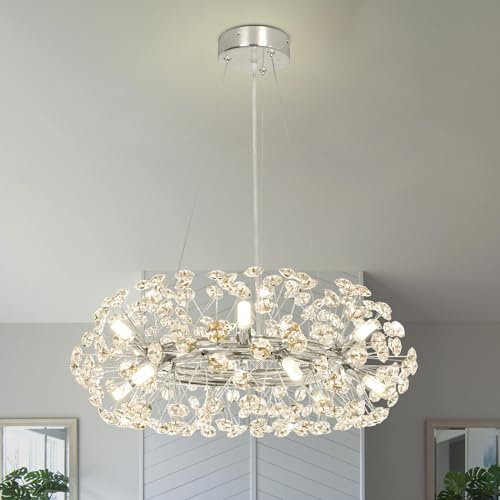 Depuley Brushed Nickel Crystal Chandeliers for Dining Room, Modern 12 Lights Crystal Ring Firework Chandelier, 18.9 Round Dandelion Hanging Fixture,Sputnik Chandelier Firework(G9 Bulbs Included)