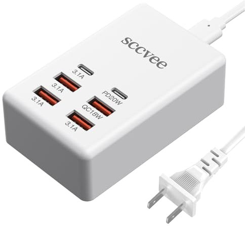 USB C Charger, 55W 6-Port USB Charger Holder Multi-USB Charging Station Desktop Multi-Port USB Charger 2-USB C +4-USB A Compatible with iPhone/Google/Xiaomi/Oppo/Tablet etc.