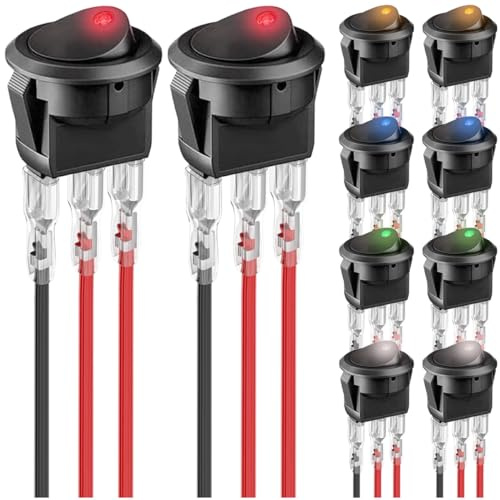 MKBKLLJY 10St. Beleuchteter Runder Wippschalter DC 20A 12V SPST Beleuchteter Ein Aus 3Pin 12V Wippschalter mit verriegelten Anschlussdrähten für Auto Boot 5Farben(Rot/Gelb/Blau/Grün/Weiß)