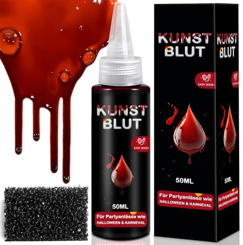 SEO-FANALLY Sangue Finto 50 ml +1 Spugna, Halloween Trucchi Viso Lavabile, Trucco Halloween Fake Blood Kit, Utilizzato per il Trucchi Halloween, Zombie, Vampiro, Cosplay, Trucco da Clown Teatrale