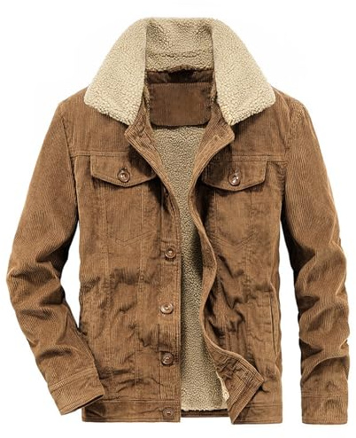 Momooda Herren Cordjacke Warm Sherpa Gefüttert Trucker Jacke Button Down Wintermantel, Khaki, L